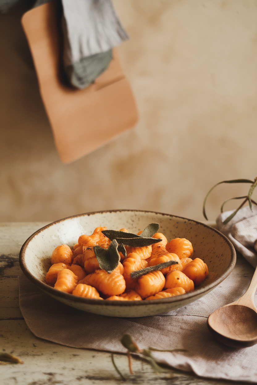 A rustic indoor dining table holding a shallow bowl of pillowy orange sweet-potato gnocchi coated in glistening brown butter and crispy sage leaves. No text or logos visible.