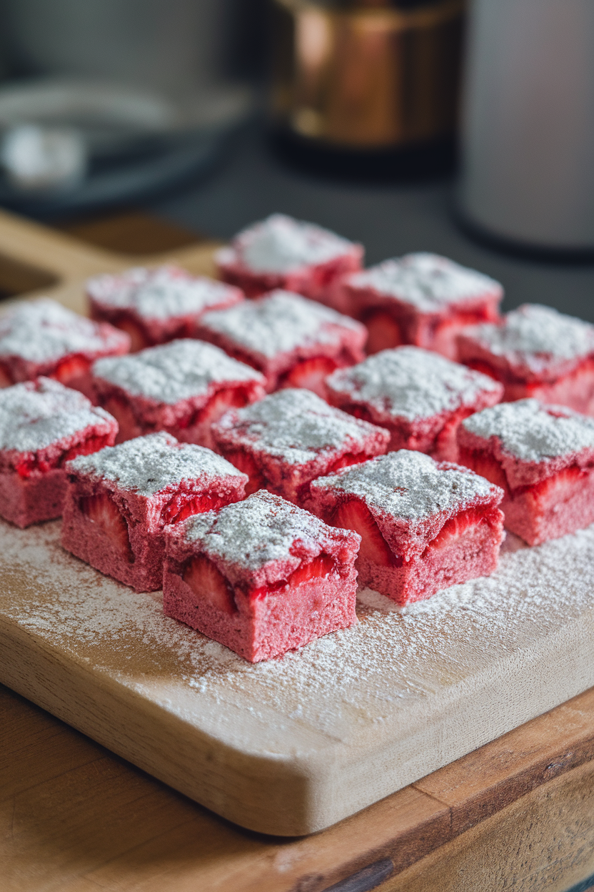 Photo of an indoor cutting board with square-shaped strawberry energy bites dusted lightly with almond flour. No text or logos.