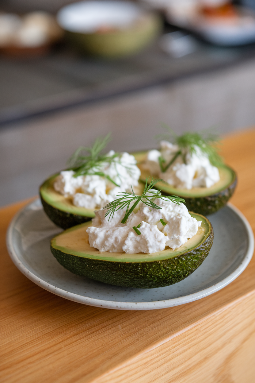 Photo of avocado halves filled with cottage cheese, dill, and chives on a small indoor plate, no text or logos