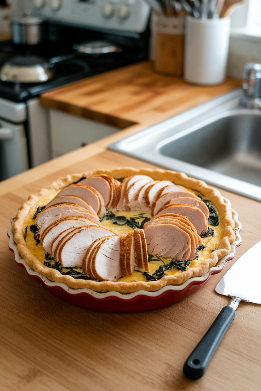An indoor kitchen island showing a sliced turkey, spinach, and Gruyère quiche in a ceramic pie plate, golden edges visible. A pie server rests beside the dish; no text or brand markings.