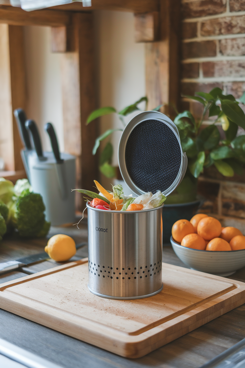 Indoor kitchen scene of a small stainless compost caddy with a charcoal filter lid, vegetable scraps inside, no logos visible.