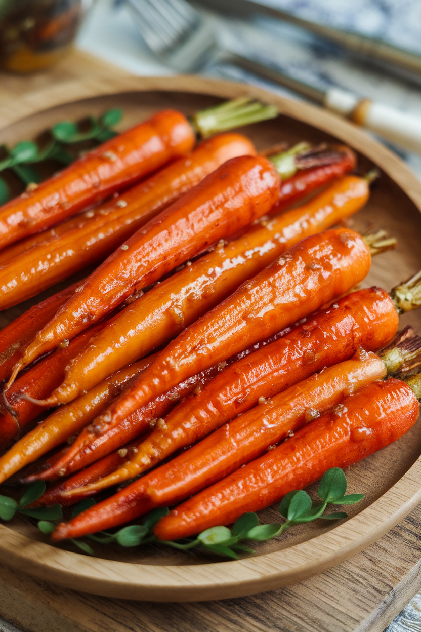 Indoor photo of roasted carrot sticks coated in shiny honey-garlic glaze on a serving plate; no text or logos.