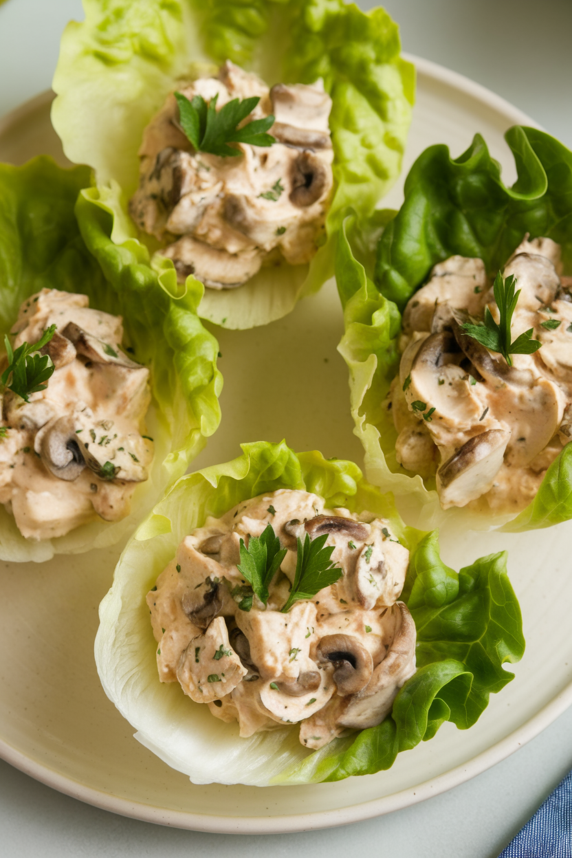 Three butter lettuce cups indoors holding creamy chicken-mushroom filling, parsley sprinkle on top. No text or logos.