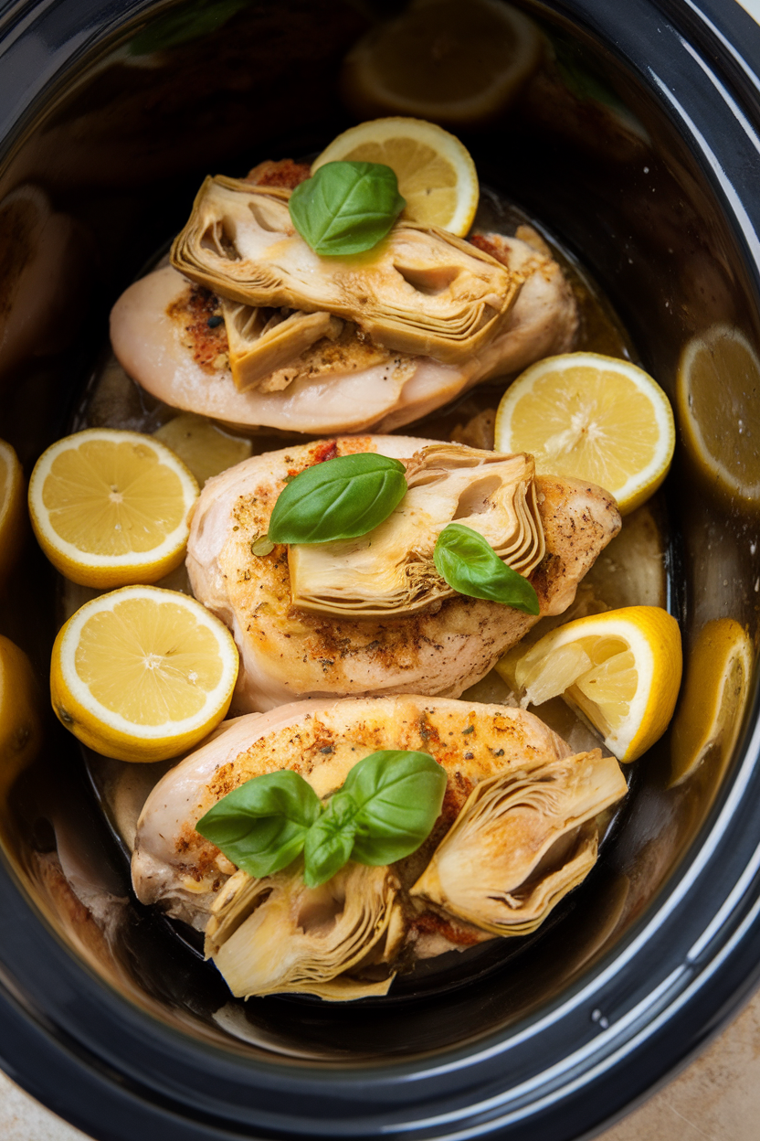 Indoor photo of chicken breasts topped with artichoke hearts, lemon slices, and fresh basil leaves in a slow cooker, no text or logos.