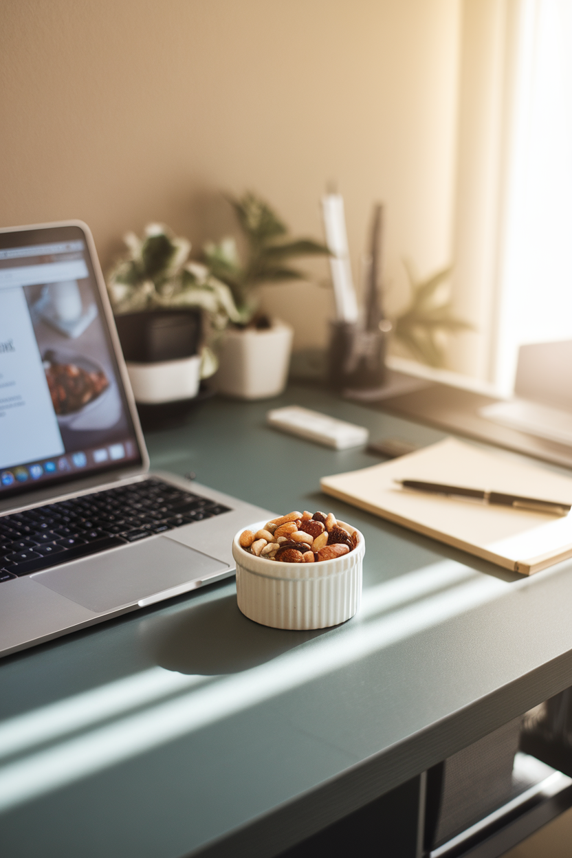 Photo prompt: An indoor office desk with a small ramekin of mixed roasted nuts and seeds beside a laptop, soft afternoon light, no labels or text.