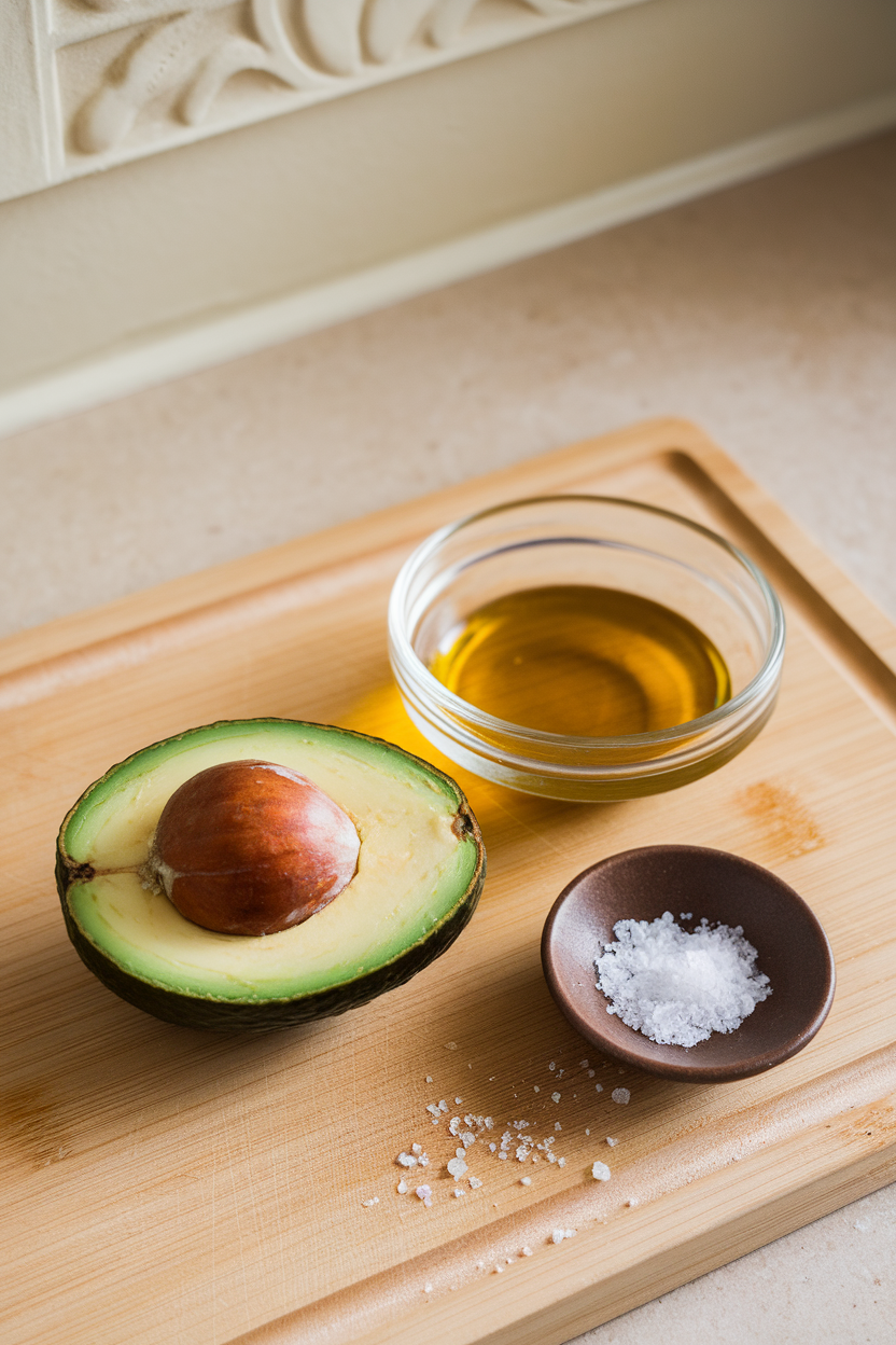 An indoor counter with a sliced avocado, a small dish of extra-virgin olive oil, and a sprinkle of sea salt—photo, no text or logos.