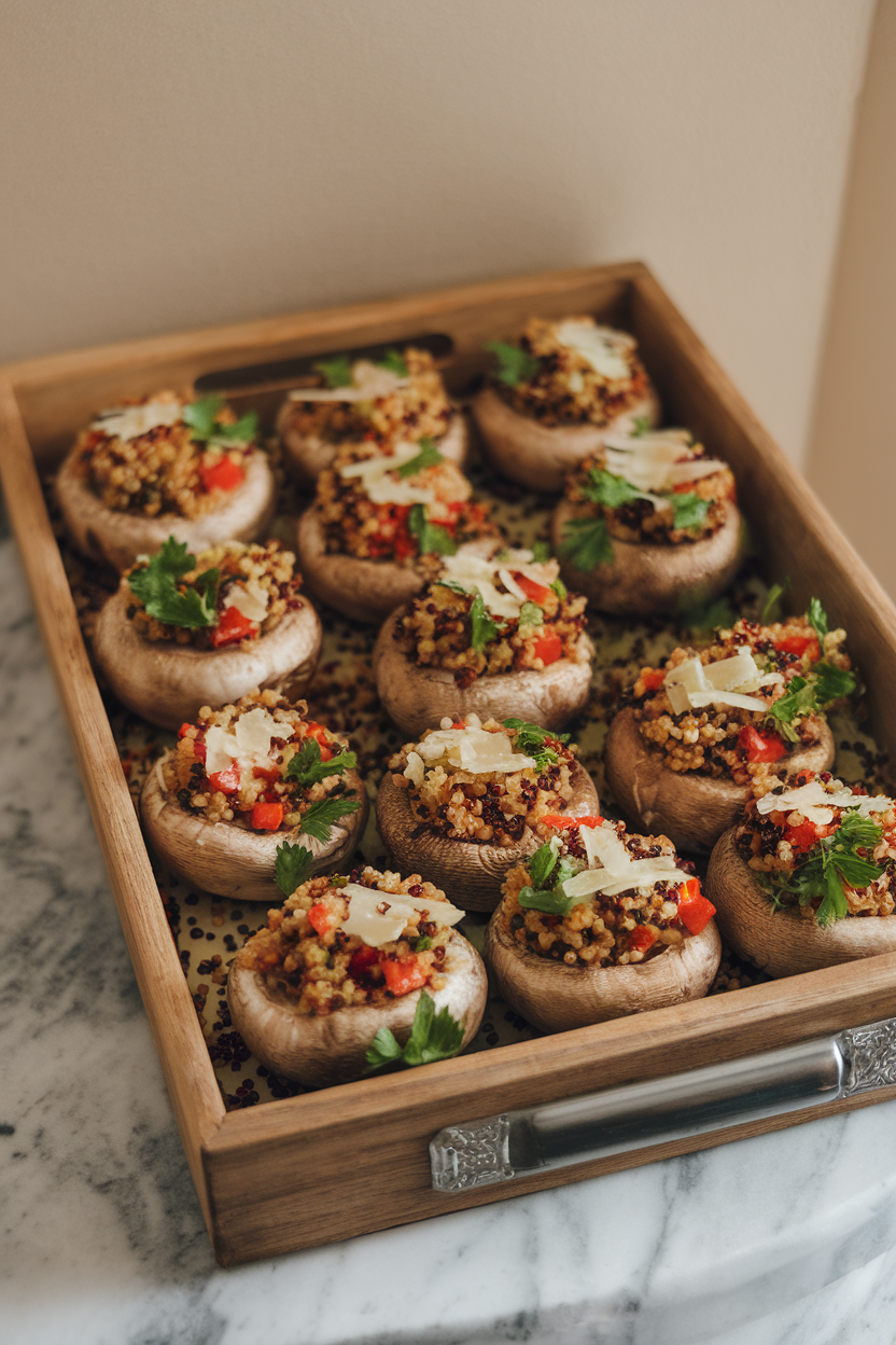 An indoor serving tray filled with baked baby bella mushrooms overflowing with colorful quinoa, diced red pepper, and parsley. Photo, no text or logos.