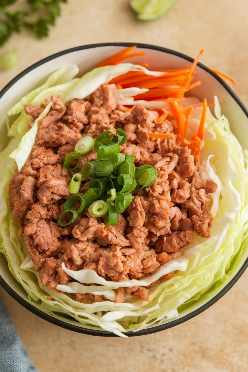 Indoor photo of a shallow bowl filled with ground turkey, shredded cabbage, carrots, and green onions, drizzled with light soy sauce, no text or logos.