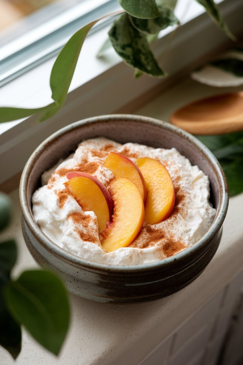A ceramic bowl on an indoor windowsill containing creamy cottage cheese topped with juicy peach slices and a sprinkle of ground cinnamon. No text or logos visible.