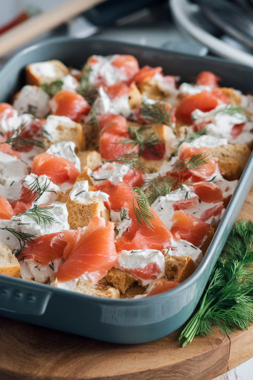 An indoor baking dish filled with cubed bagels, visible pieces of smoked salmon, and dill-flecked cream cheese custard, no text or logos.