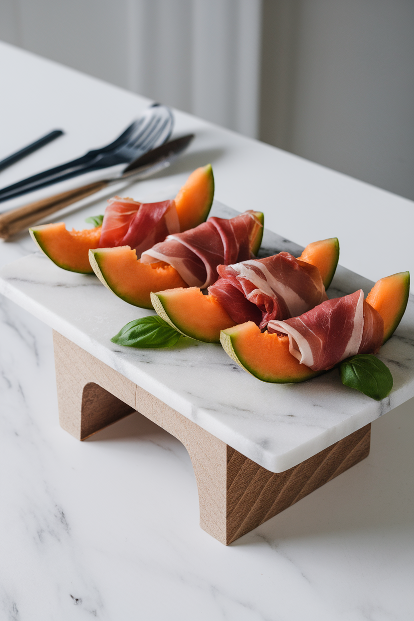 Photo of an indoor marble board with cantaloupe wedges wrapped in thin prosciutto slices, small basil leaves tucked in; bright indoor daylight, no text or logos