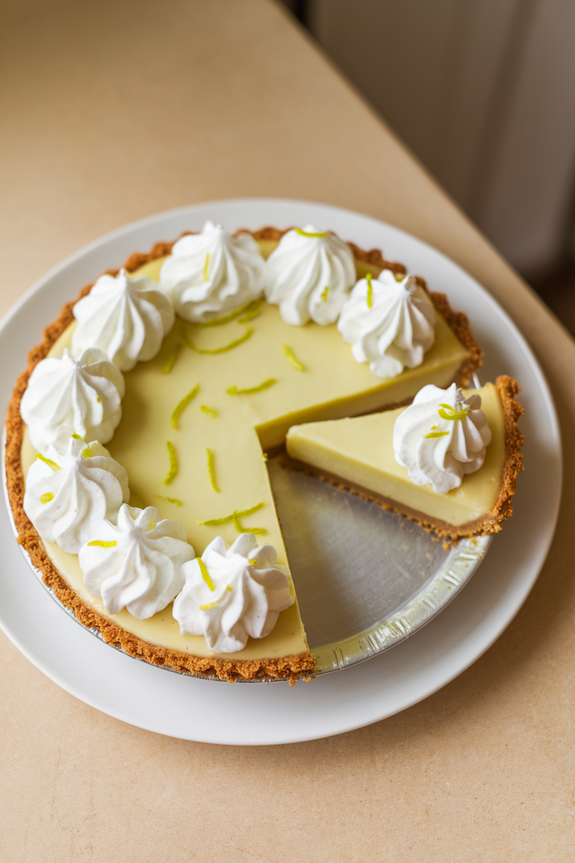 Indoor photo of a key lime pie with whipped cream dollops and lime zest sprinkle, slice removed, no text or logos