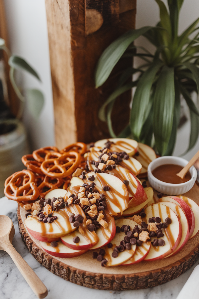 An indoor snack board piled with thin apple slices drizzled with caramel sauce and sprinkled with chocolate chips and crushed graham crackers. Photo, no text or logos.