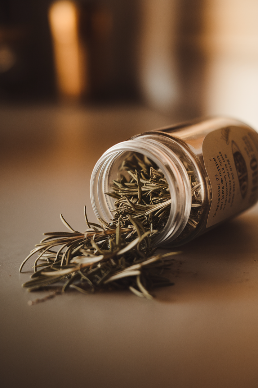 A narrow spice jar of dried rosemary tipped over on an indoor counter, needles spilling out beneath warm light, no text or logos, photo.