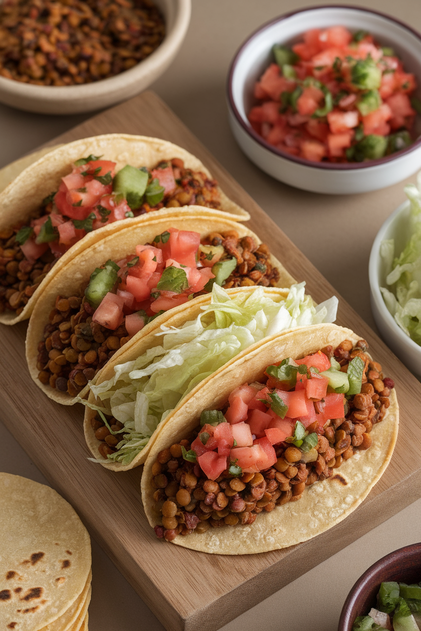 An indoor taco board with crispy taco shells filled with spiced lentils, shredded lettuce, and pico de gallo. No text or logos.