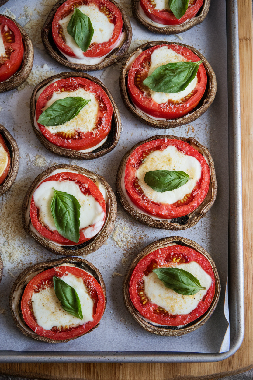 An indoor baking sheet holding roasted portobello caps stuffed with sliced tomatoes, melted mozzarella, and basil leaves. No text or logos. Photo only.