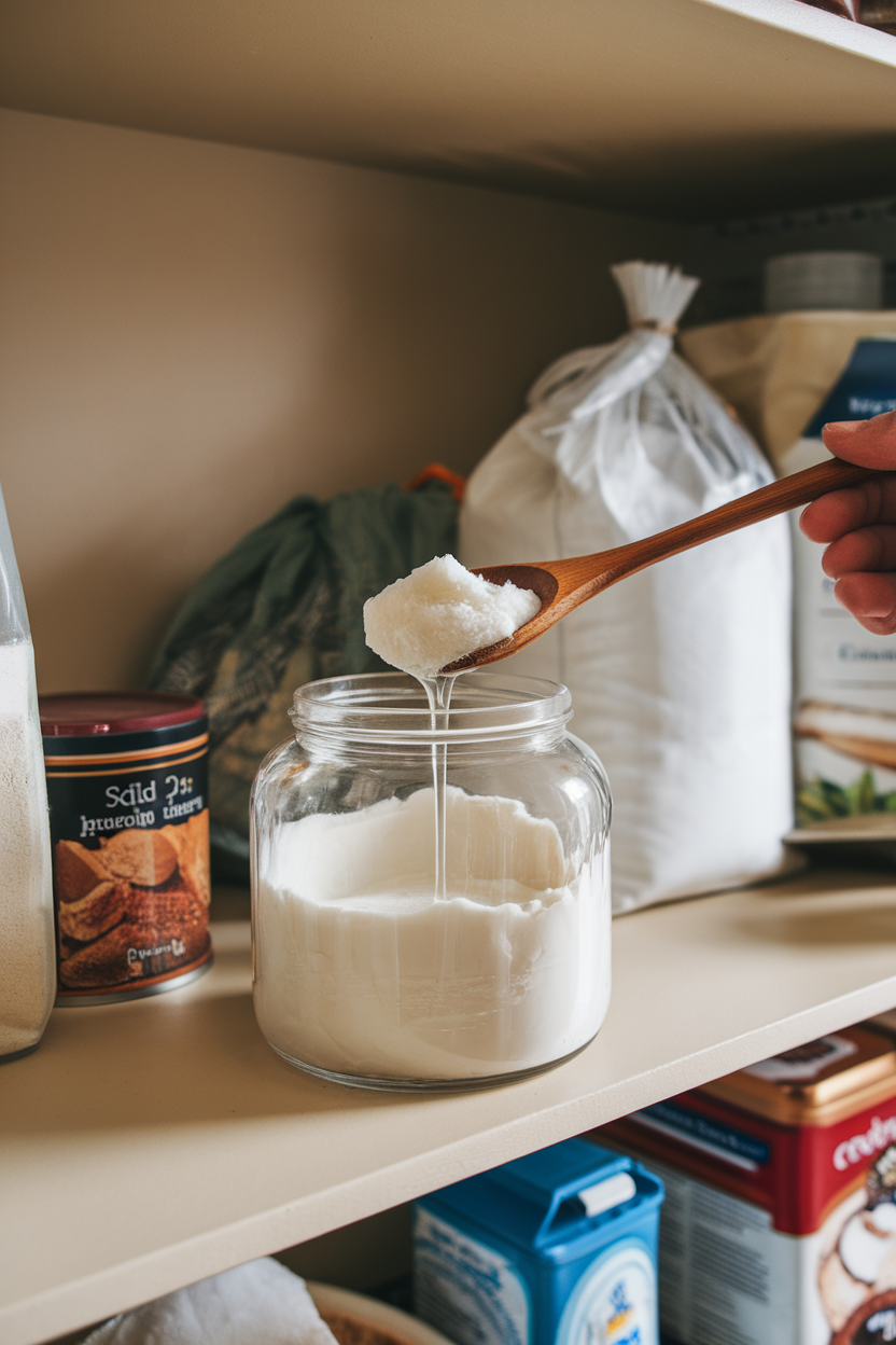 An indoor pantry shelf with a clear jar of solid coconut oil, a wooden spoon scooping out a portion, no text or logos.