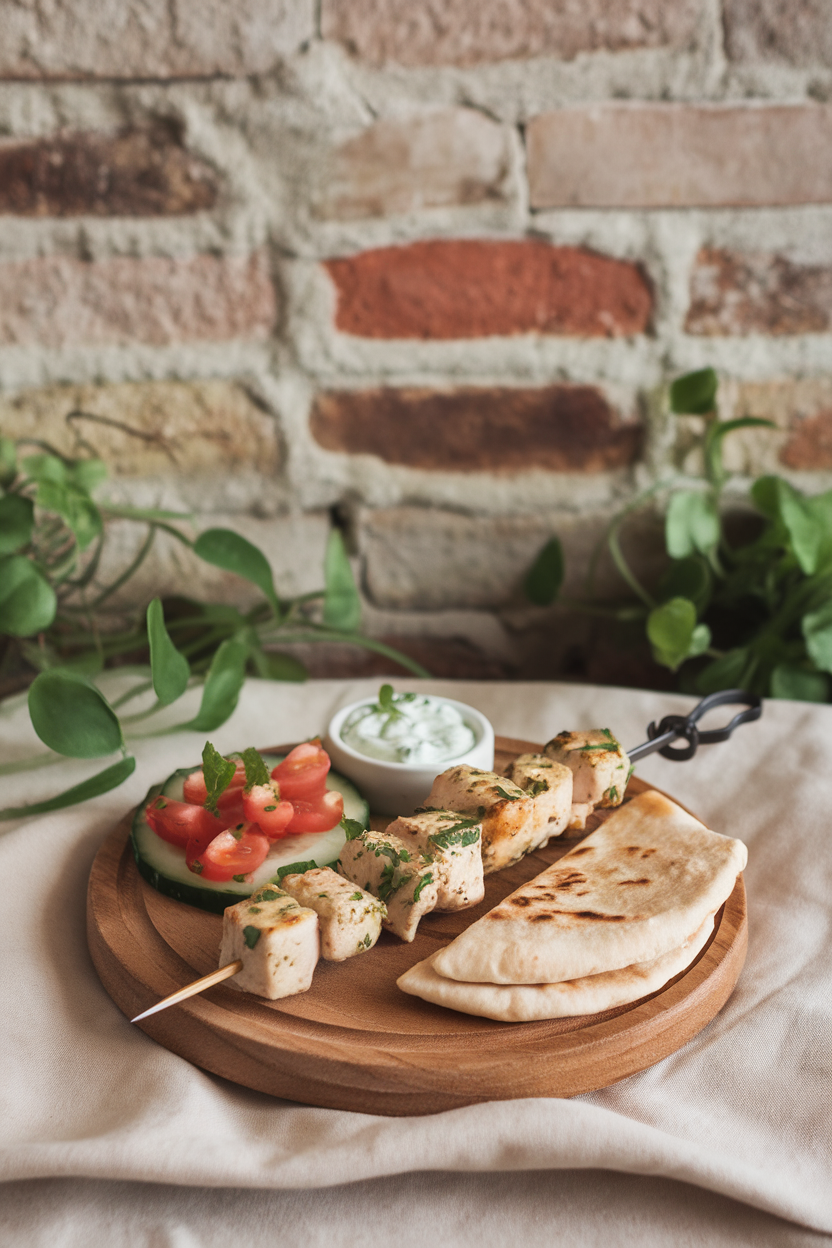 Indoor tabletop scene with a skewer of lemon-herb chicken cubes, small scoop of tzatziki, cucumber-tomato salad, and pita wedge. No text or logos.