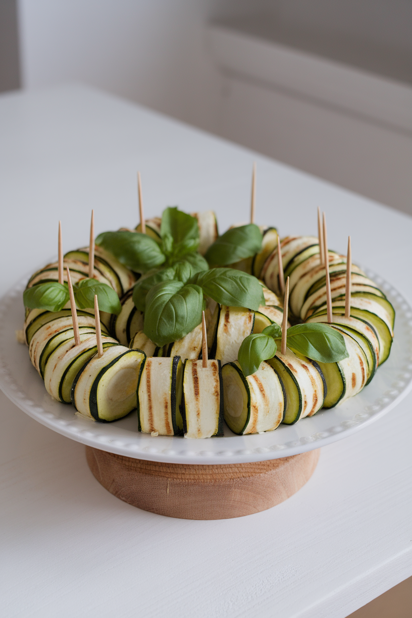 A white indoor platter of thin grilled zucchini slices rolled around ricotta filling, secured with toothpicks, garnished with basil. No text or logos visible.