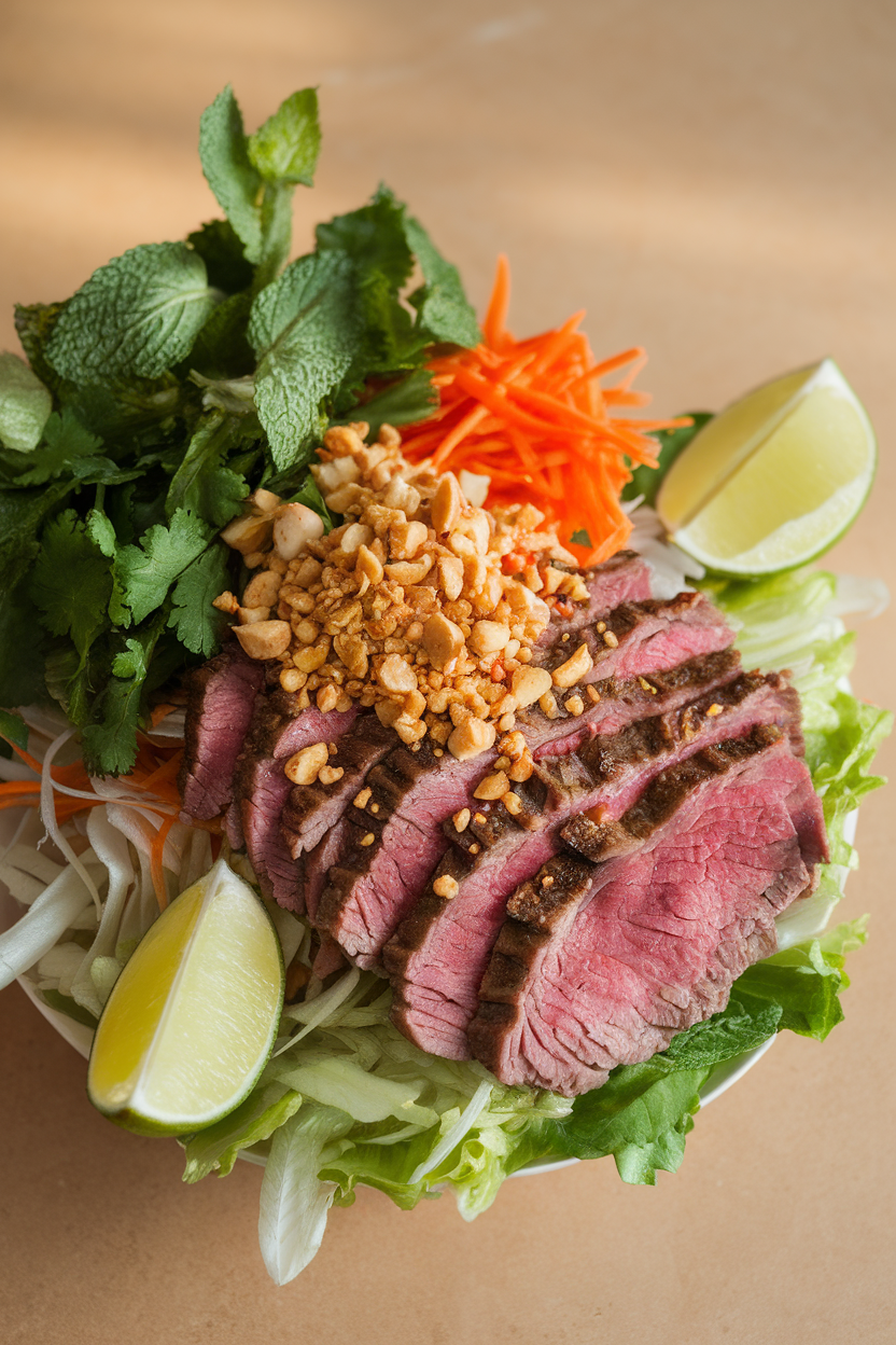 Indoor photo of thinly sliced seared beef, shredded lettuce, fresh mint, cilantro, and shredded carrots, topped with crushed peanuts and lime wedges. Soft indoor light, no text or logos.