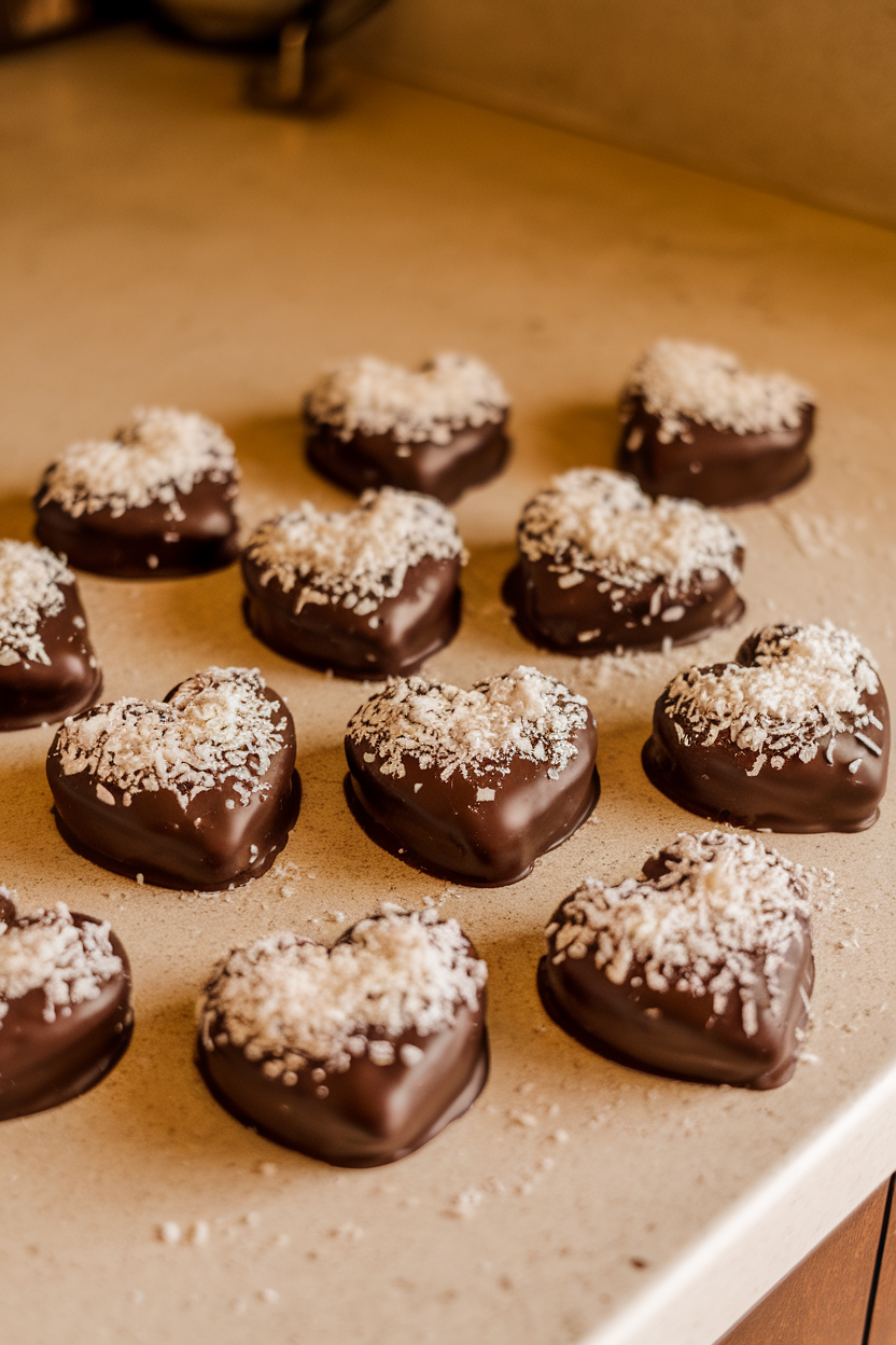 Photo prompt: Indoor countertop with chocolate-dipped hemp-heart cookies sprinkled with shredded coconut, no text or logos.