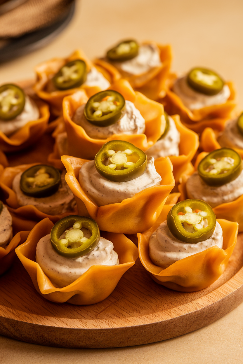 An indoor platter piled with golden wonton cups holding creamy jalapeño popper filling, sliced jalapeño garnish, no logos.