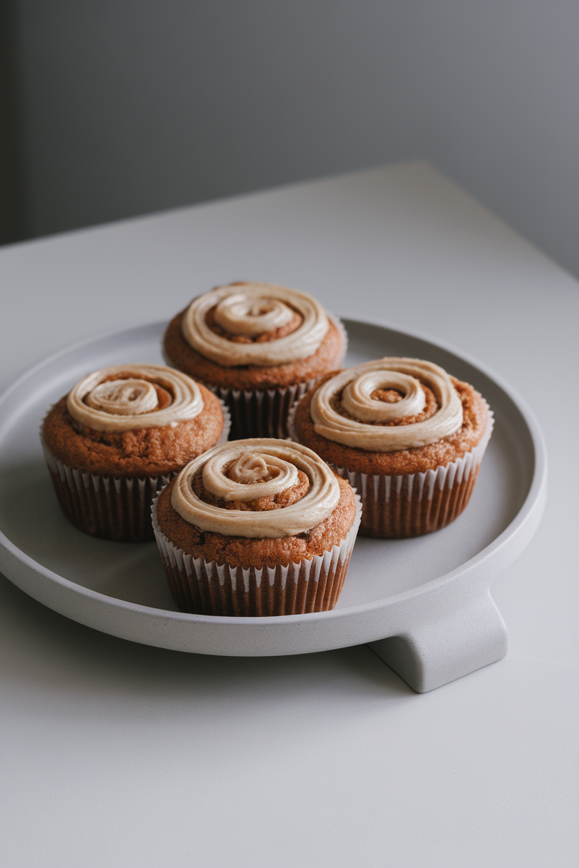Indoor photo of banana muffins with tahini swirl on top, modern gray plate, no text or logos