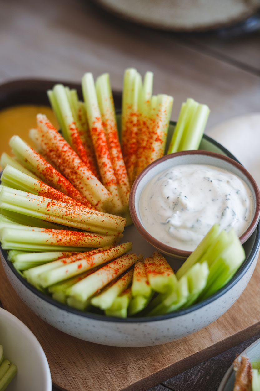 Indoor bowl of crisp celery sticks dusted with red pepper flakes, ranch dip off to the side. Warm lighting, photo only.