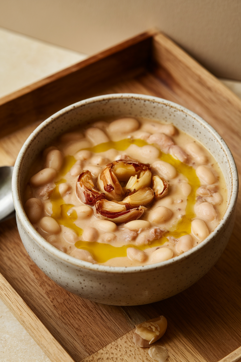 Indoor dining table with a creamy white bean soup drizzled with olive oil and topped with roasted garlic cloves. No logos or text.