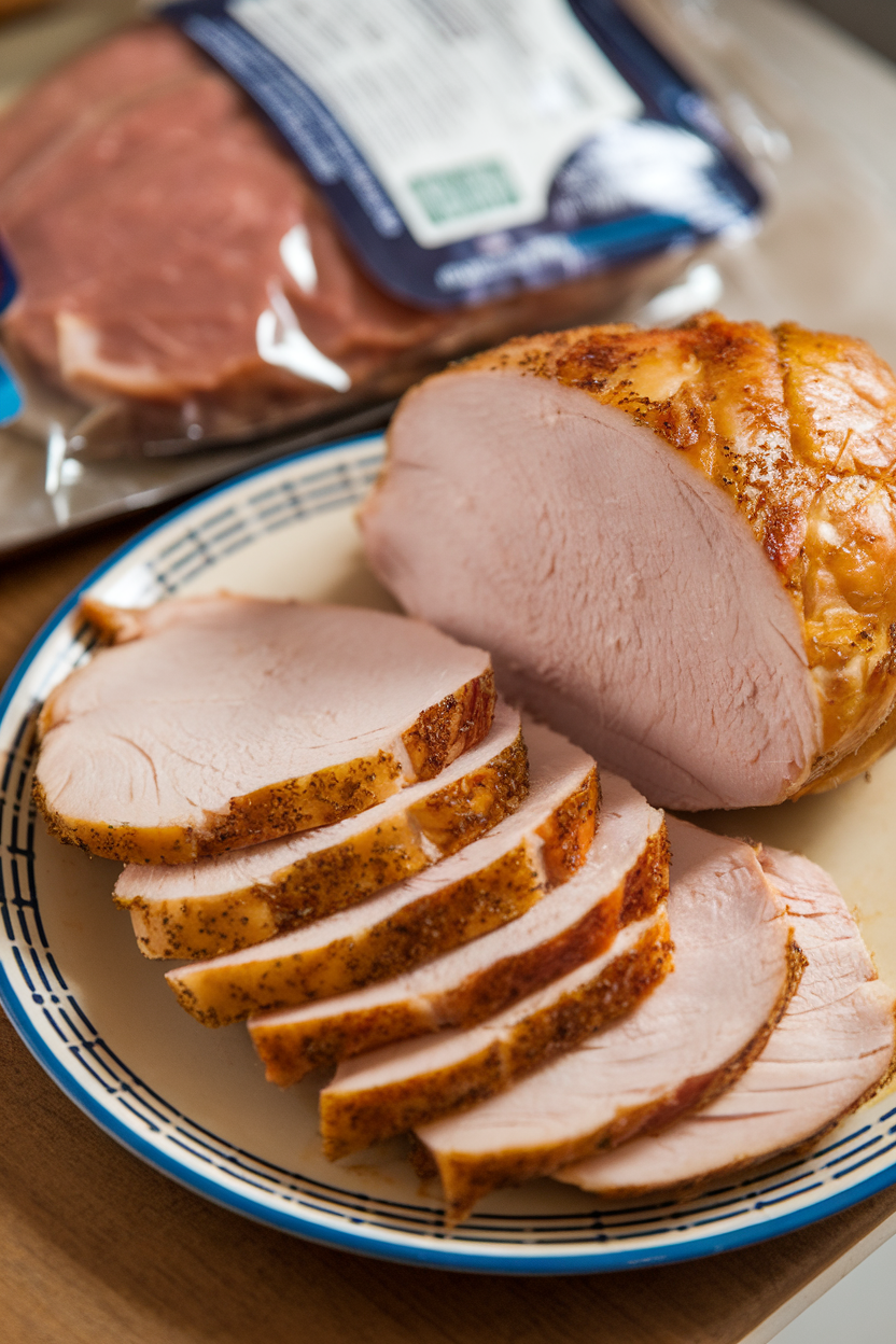 Indoor photo of a comparison plate with sliced roasted turkey breast on one side and packaged deli meat on the other, focus on the fresh option; no text or logos.