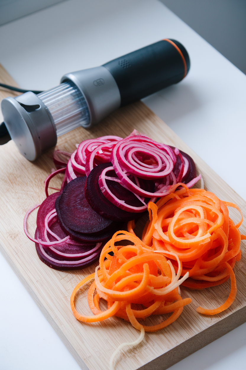 An indoor cutting board with fresh beet and carrot spirals piled neatly beside a handheld spiralizer, no brand labels.