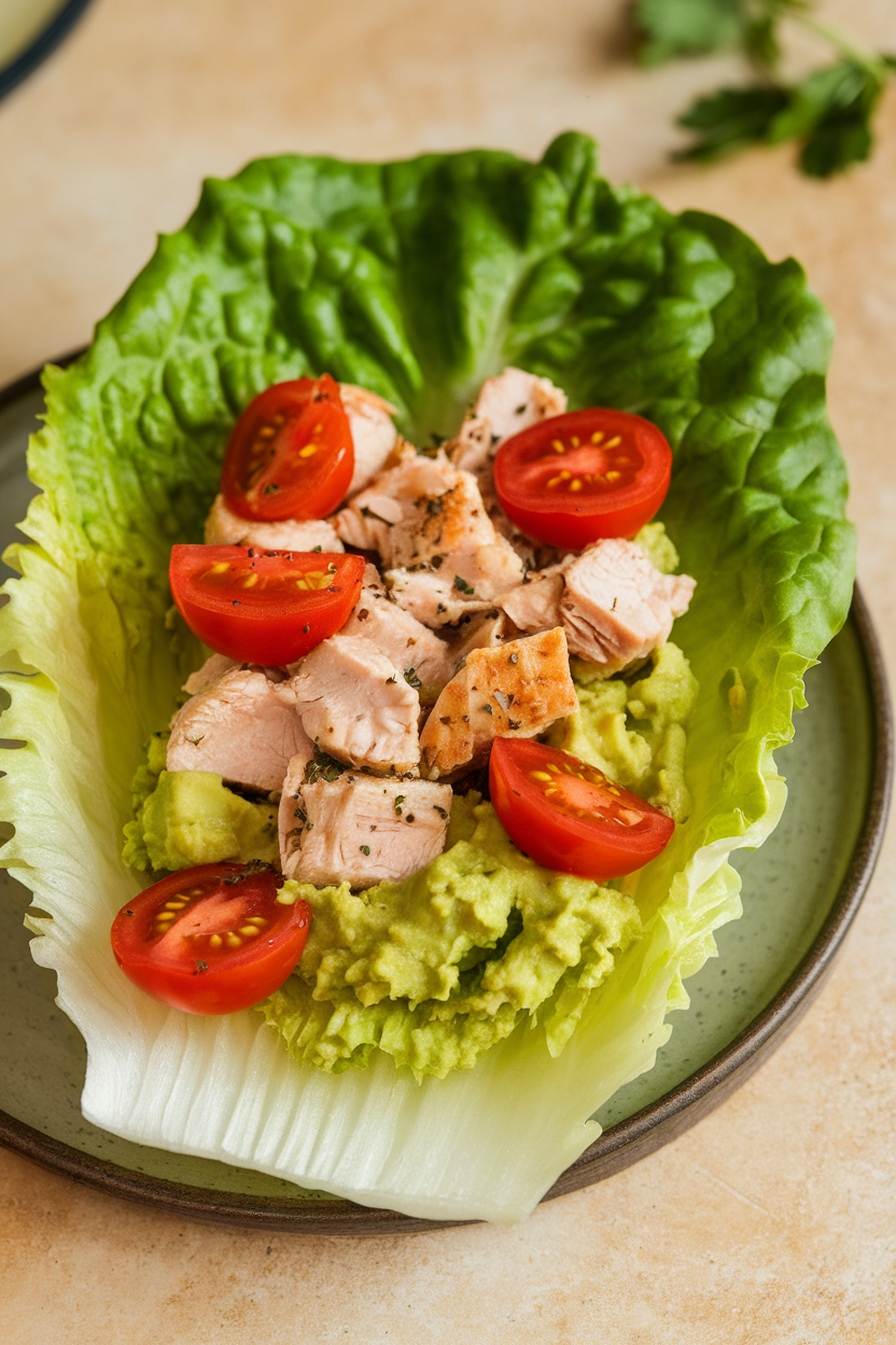 An indoor dining table with crisp butter-lettuce leaves filled with diced chicken, mashed avocado, and cherry tomato halves. No text or logos. Photo.