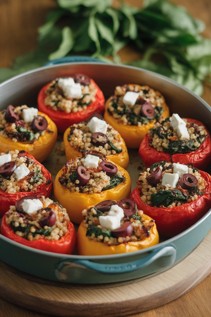 An indoor baking dish with roasted bell peppers stuffed with quinoa, spinach, olives, and feta, slightly browned on top. No text or logos; photo only.