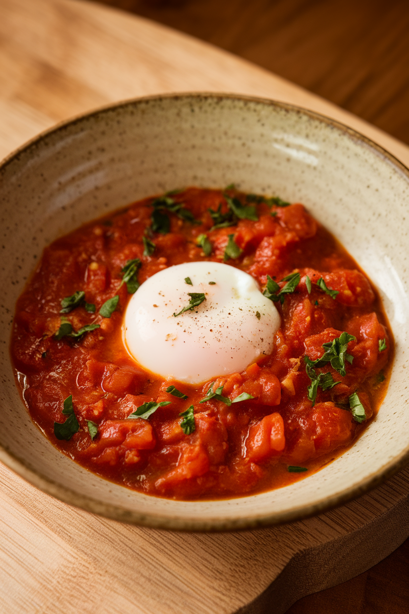 Indoor shallow bowl of chunky tomato stew with a poached egg in the center, herbs sprinkled on top. No text or logos.