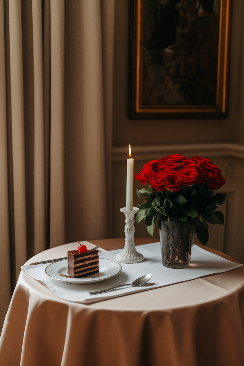 Indoor photo of a small table set with a single plate of food, a lit candle, and no digital devices visible; no text or logos.