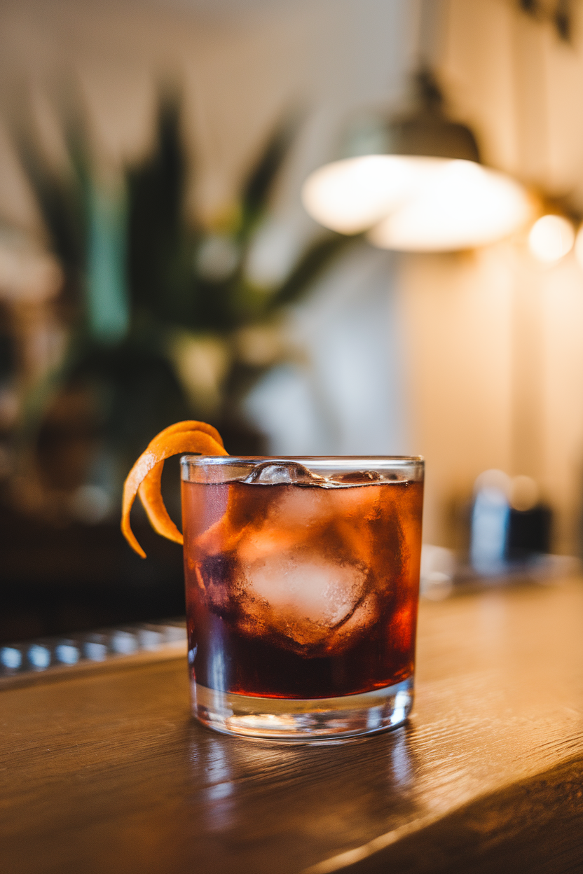 Indoor photo of rocks glass with dark cherry cola mocktail, large clear ice cube, orange twist; classic bar lighting; no text or logos.
