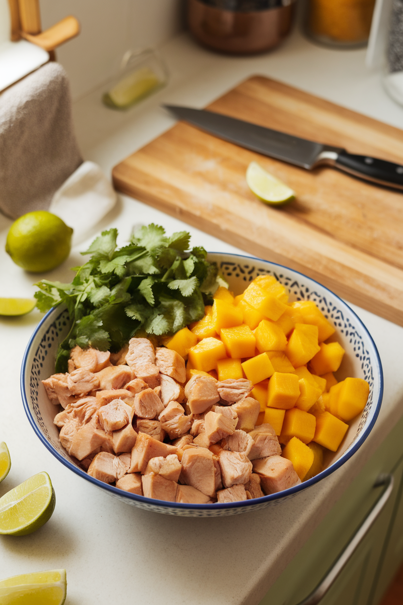 Indoor kitchen counter with a bowl of diced cooked chicken, bright mango cubes, cilantro leaves, and lime wedges nearby — no logos, photo-realistic