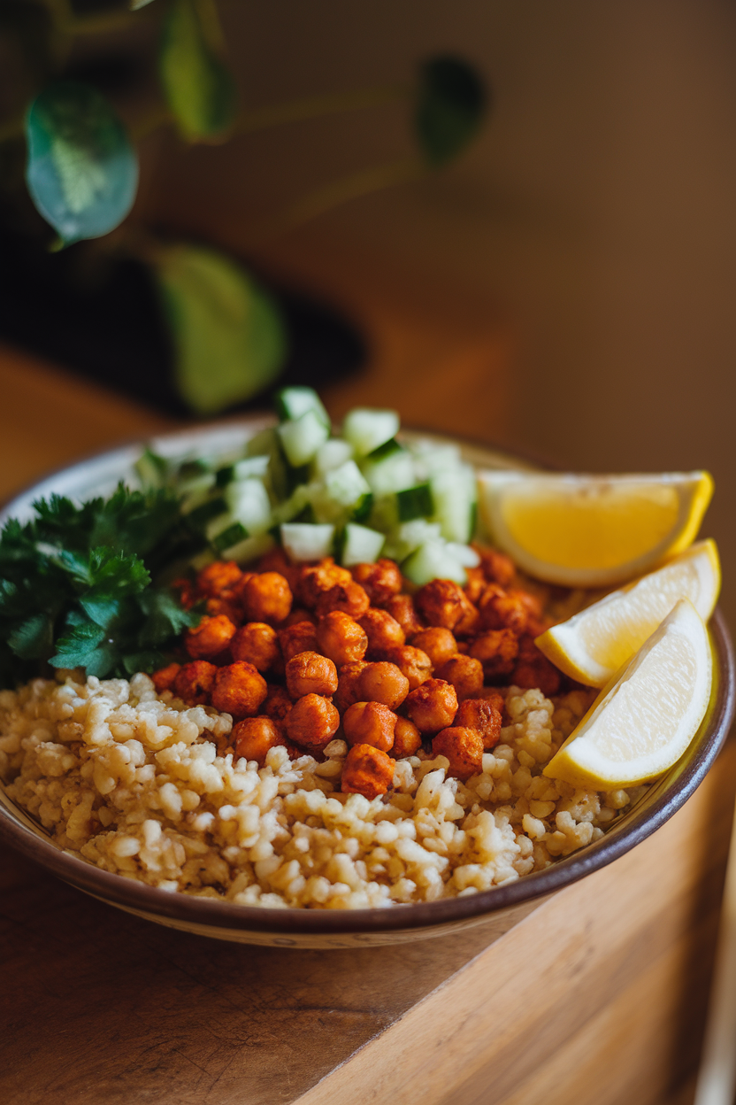 Indoor photo of cooked bulgur wheat, roasted spicy chickpeas, diced cucumbers, and parsley in a shallow bowl, lemon wedges on the side. Warm indoor light, no text or logos.