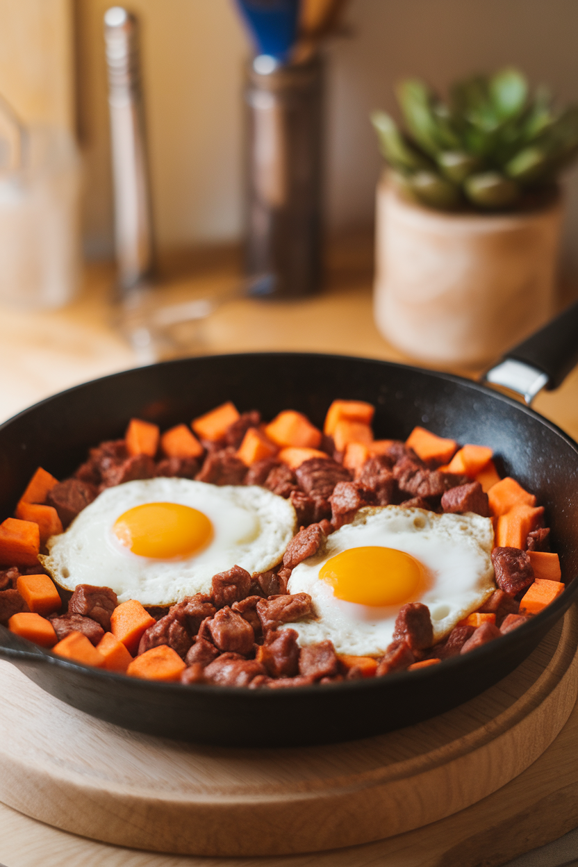 Indoor skillet containing diced sweet potatoes, beef, and two sunny eggs set on top—no text or logos.
