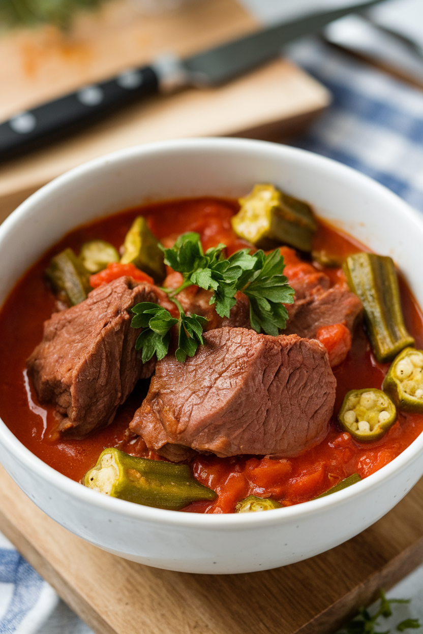 Indoor bowl of tomato-based stew with beef pieces and okra pods, garnished with parsley. No text or logos; photo.