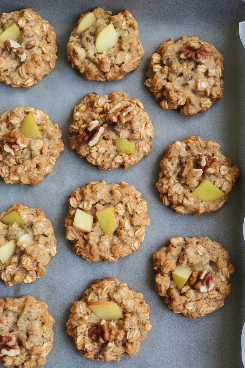 An indoor baking sheet with round oatmeal cookies studded with apple chunks and walnut pieces, cooling on parchment; no text or logos.