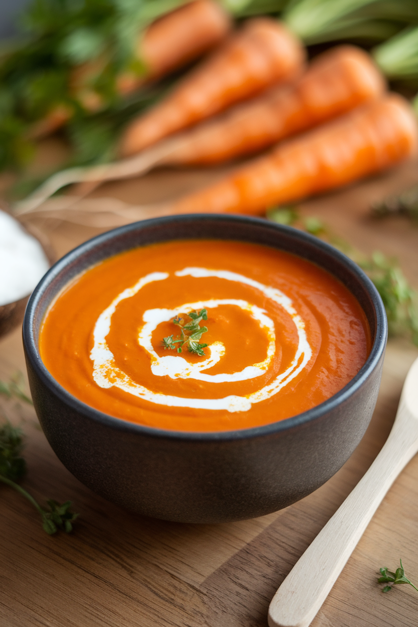 Indoor bowl of vibrant orange carrot soup, swirl of coconut milk on top, no text or logos