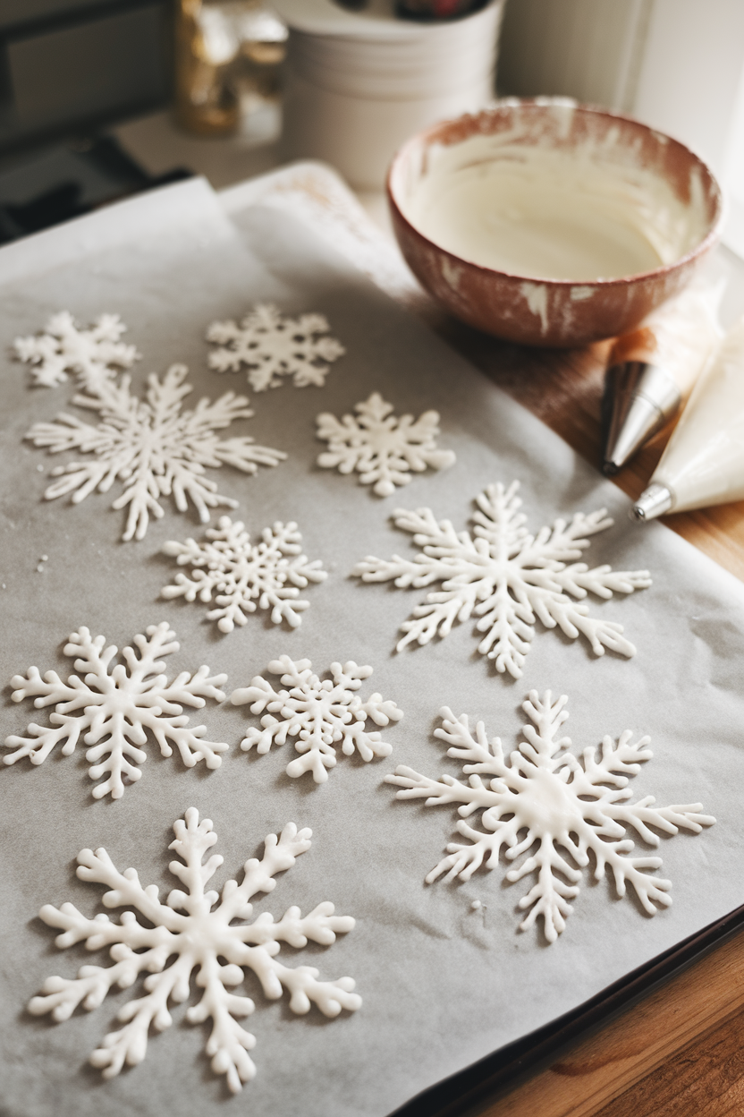 An indoor baking workspace displaying delicate white royal-icing snowflakes drying on parchment, soft side lighting, no text or logos