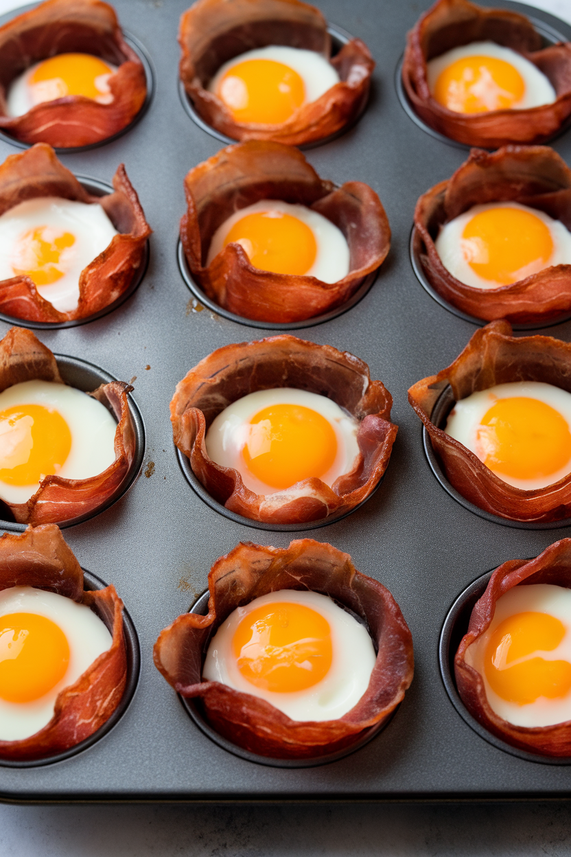 Photo of an indoor muffin tin holding baked eggs nestled in crisped prosciutto cups, yolks still slightly runny. No text or logos visible.