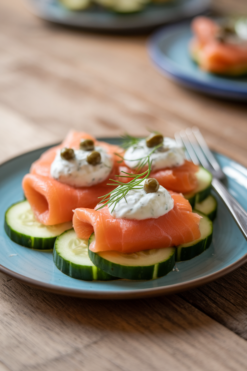 Indoor plate of cucumber slices topped with folded smoked salmon, a dollop of yogurt dill sauce, and capers. Soft lighting; no text or logos.