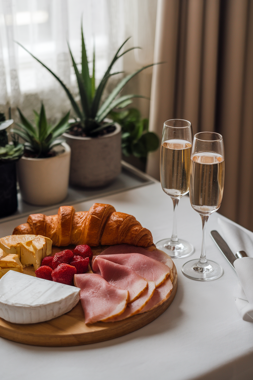 Indoor brunch scene with a board featuring smoked ham, croissant slices, Brie, and strawberry preserves next to Champagne flutes; no text or logos