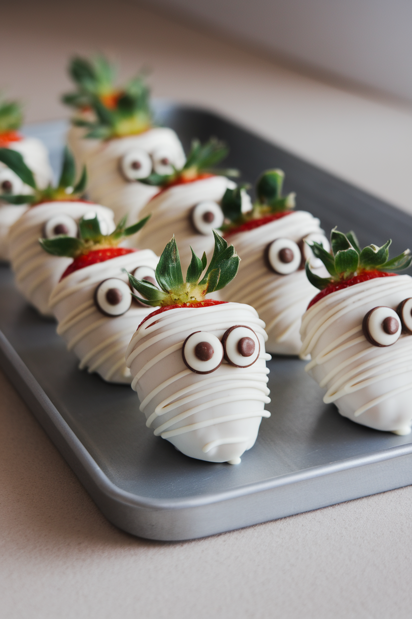 Strawberries coated in white chocolate with mini-chocolate chip eyes, lined on an indoor tray, no text or logos.