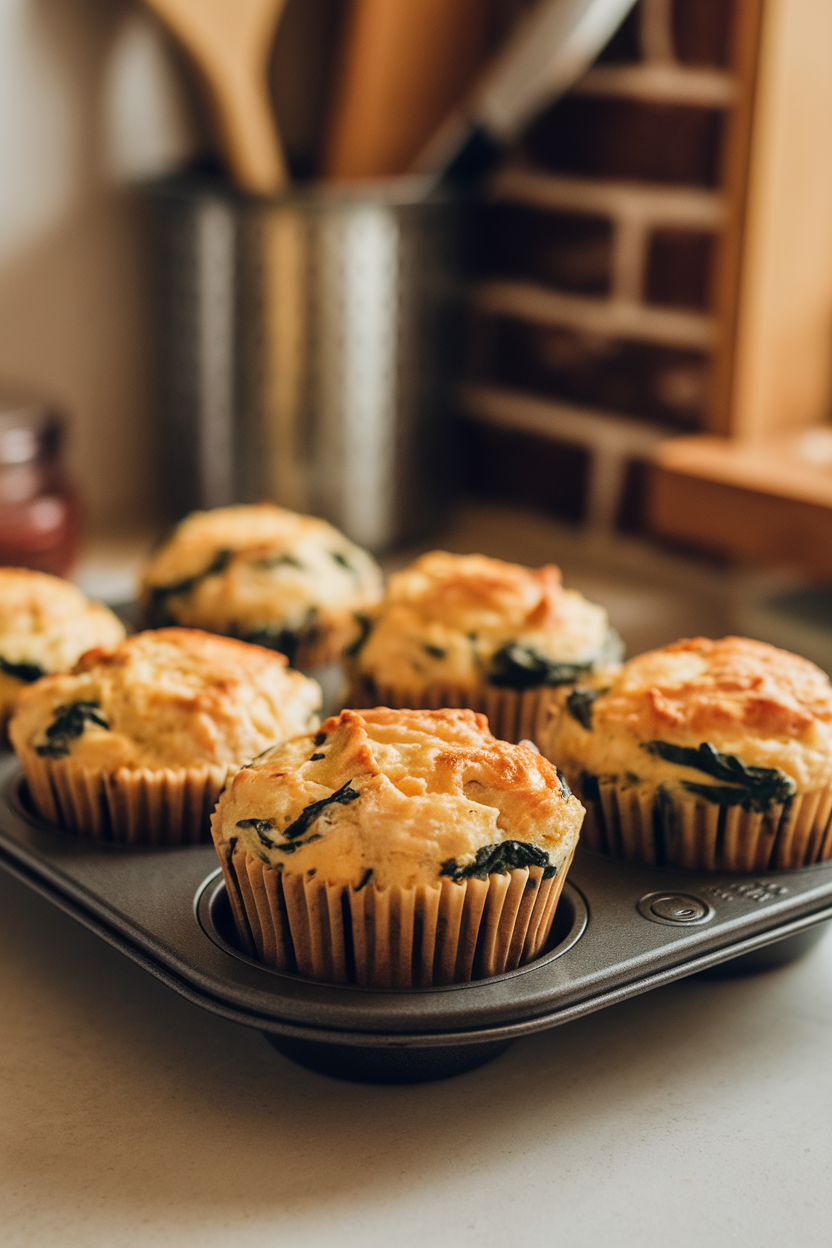 Muffin tin on a kitchen counter holding fluffy egg muffins dotted with turkey pieces and spinach, warm indoor light, no text or logos.