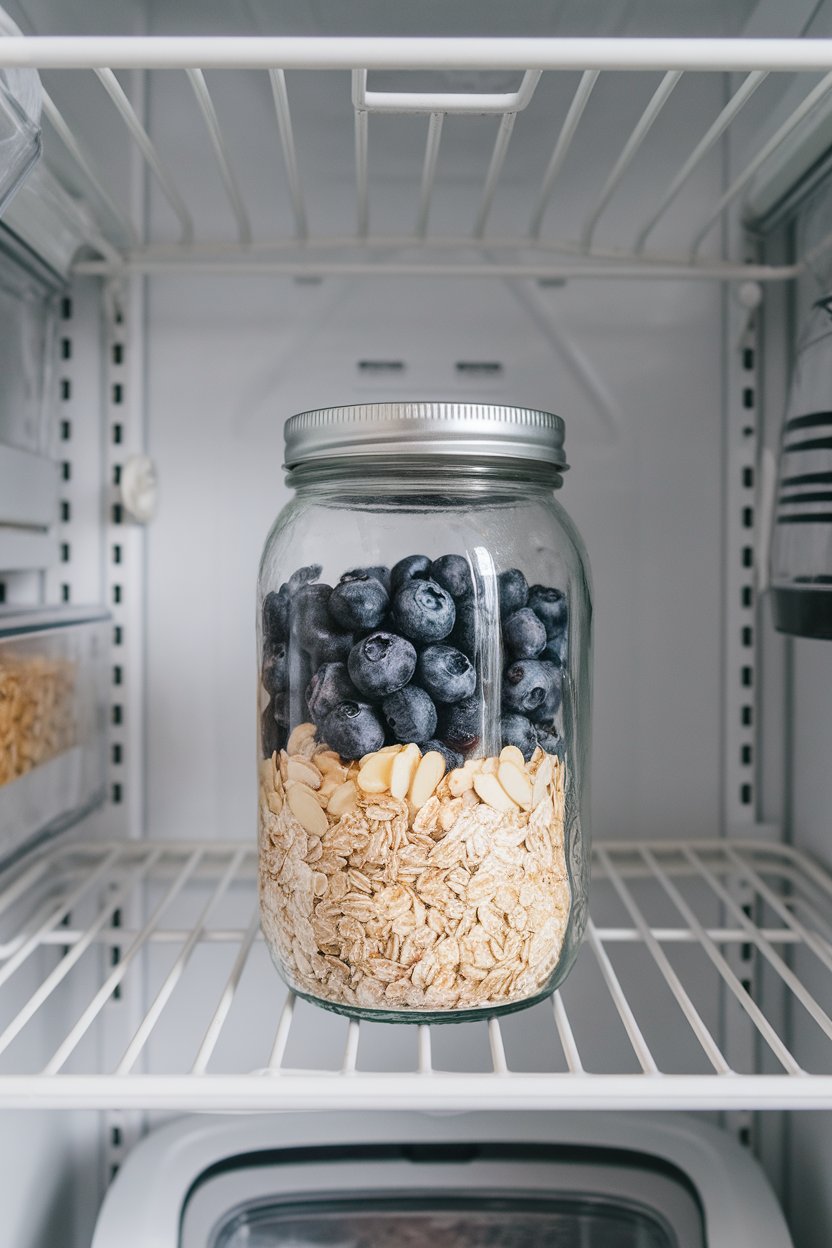 An indoor refrigerator shelf view showing a lidded glass jar layered with oats, almond slices, and fresh blueberries. Soft fridge lighting, condensation on the glass, no text or logos. Photo.