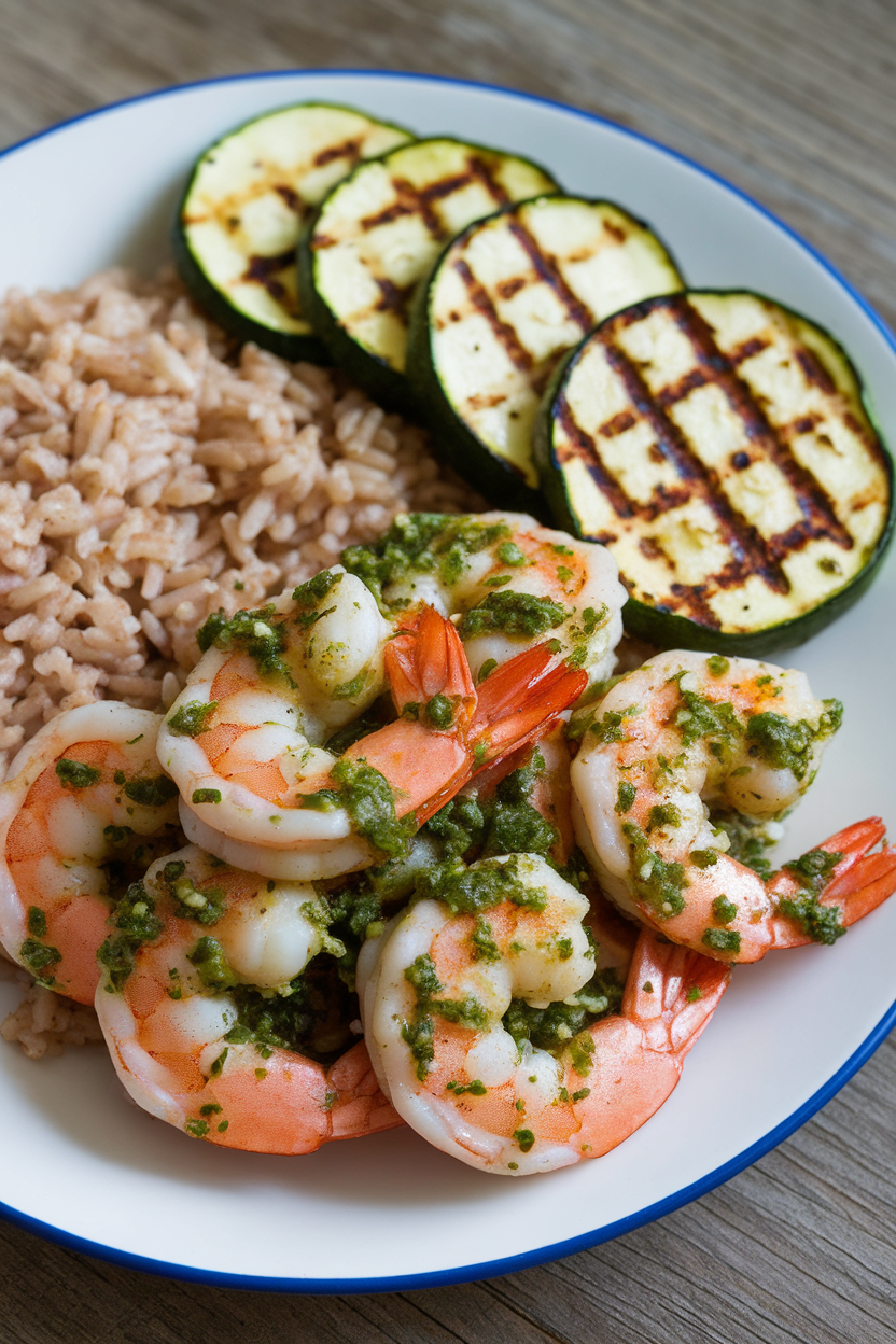 Indoor photo of chimichurri-tossed shrimp, brown rice, and grilled zucchini slices on a plate. No text or logos.